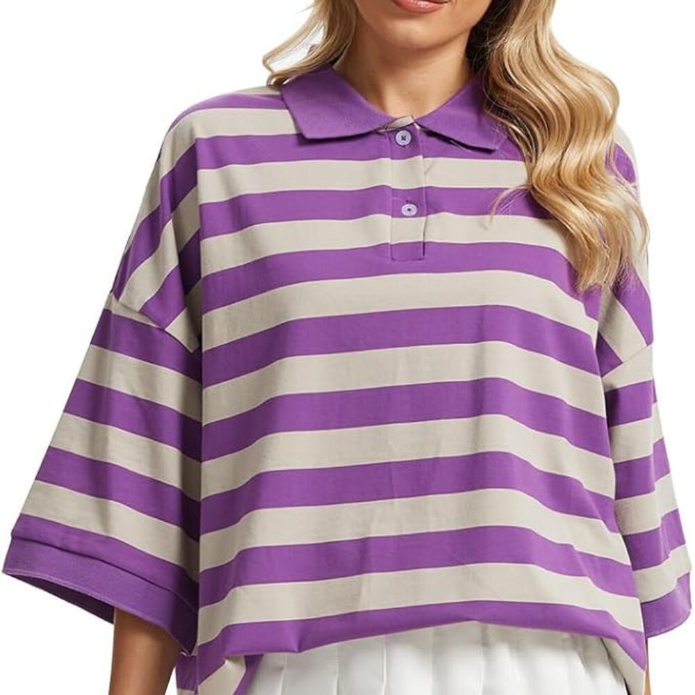 NWT Womens Striped Polo Oversized Short Sleeve Top